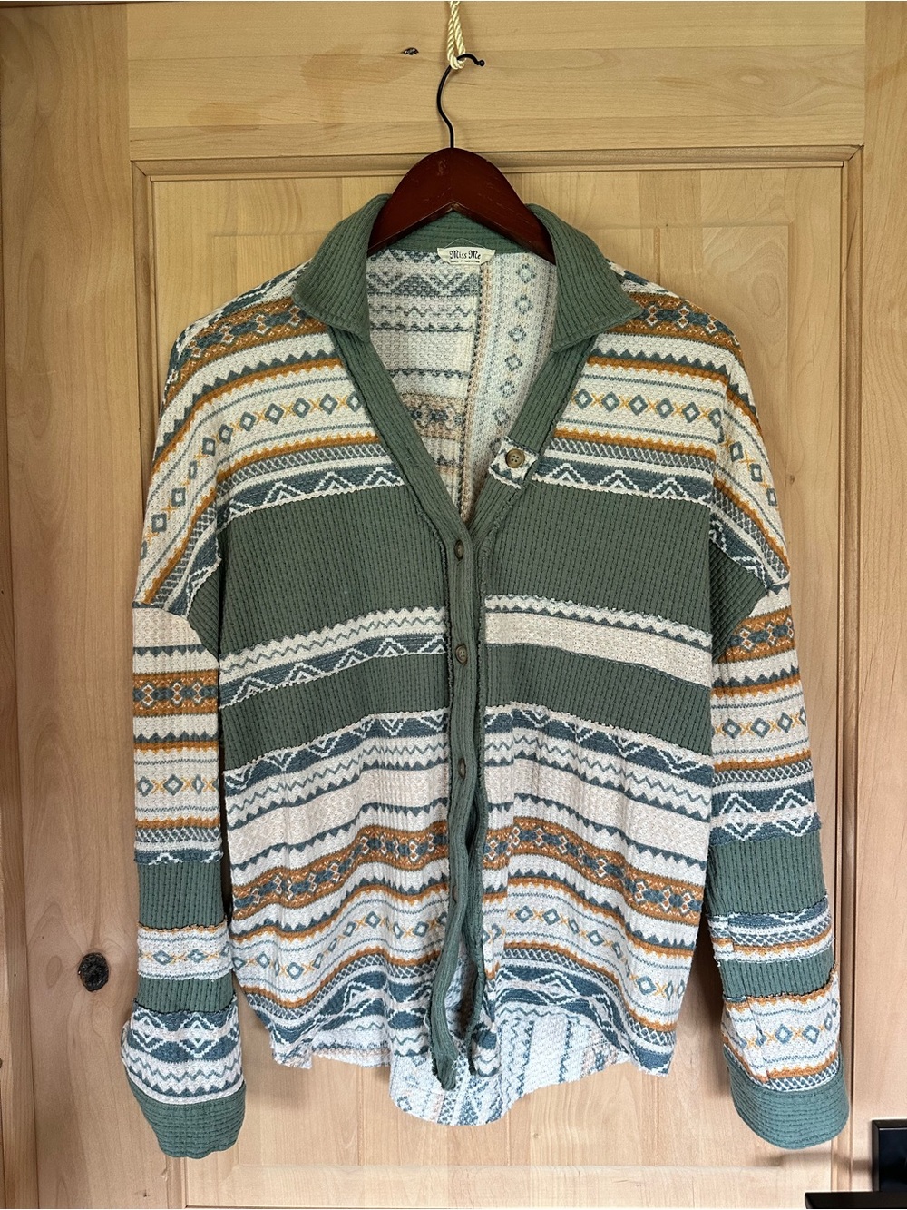 NWOT Miss Me Green Waffle Multi-Pattern Knit Button Down Aztec Shirt